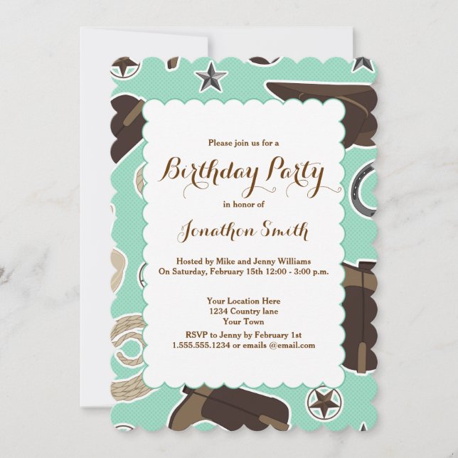 Cute Cowboy Theme Birthday Party Invitation (Front)