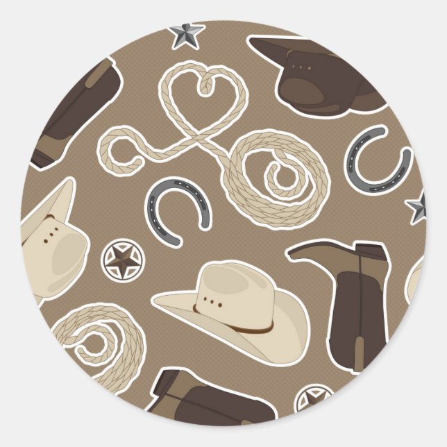 Cute Cowboy Theme Pattern Brown Classic Round Sticker (Front)