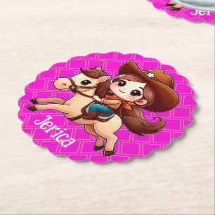Cute Cowgirl and Horse Western Pink Paper Coaster