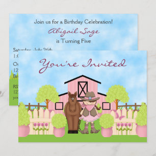 Cute Cowgirl, Brown Horse and Pink Barn Birthday Invitation