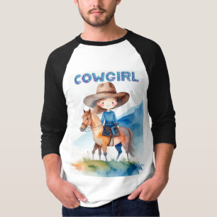 Cute Cowgirl Girl Riding Horse Watercolor Design T-Shirt