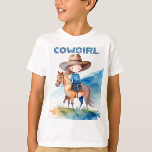Cute Cowgirl Girl Riding Horse Watercolor Design T-Shirt
