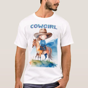 Cute Cowgirl Girl Riding Horse Watercolor Design T-Shirt