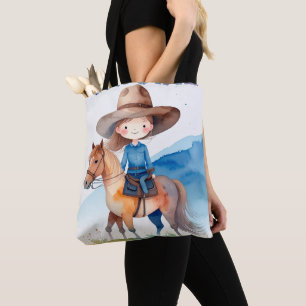 Cute Cowgirl Girl Riding Horse Watercolor Design Tote Bag