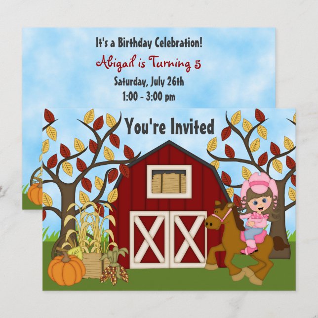 Cute Cowgirl, Horse and Barn Autumn Horse Birthday Invitation (Front/Back)