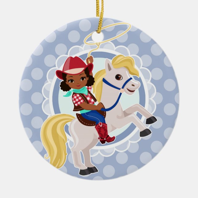 Cute Cowgirl Horse - Rodeo African American Girl Ceramic Ornament (Front)