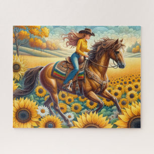 Cute Cowgirl Horse Sunflower Jigsaw Puzzle