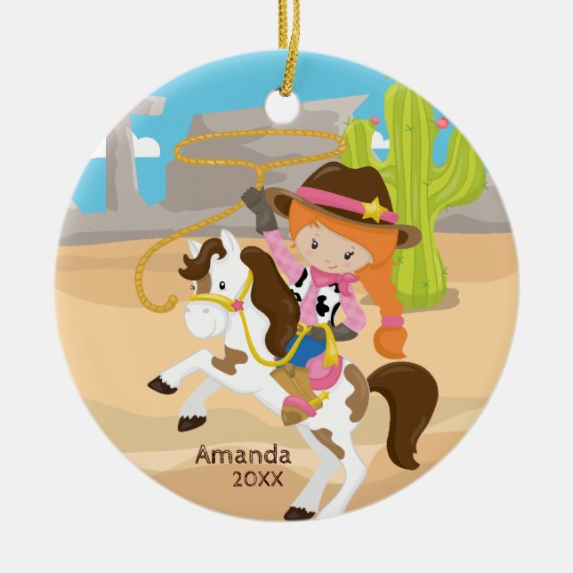 Cute Cowgirl Horseback Girl Christmas Ornament (Front)