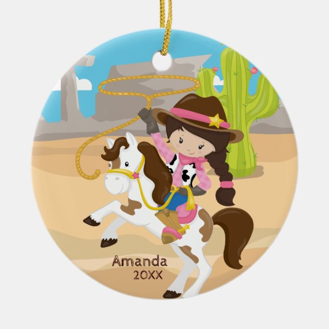 Cute Cowgirl Horseback Girl Christmas Ornament (Front)