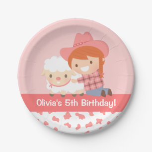 Cute Cowgirl Hugs Lamb Girls Birthday Party Paper Plate