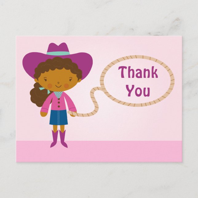 Cute cowgirl lasso girl's thank you postcard (Front)