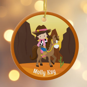 Cute Cowgirl Personalised Kids Name Christmas Ceramic Ornament
