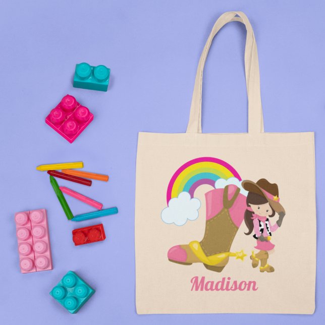 Cute Cowgirl Rainbow Personalised Pink Rodeo Girl Tote Bag (Creator Uploaded)