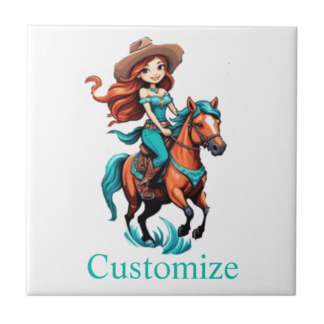 Cute Cowgirl Riding Pony Thunder_Cove Ceramic Tile (Front)