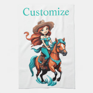 Cute Cowgirl Riding Pony Thunder_Cove Tea Towel