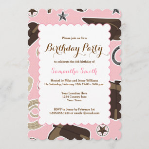 Cute Cowgirl Theme Pink Birthday Party Invitation
