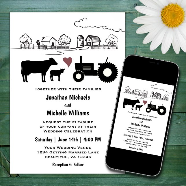 Cute Cows and Tractor Country Farm Wedding Invitation (Creator Uploaded)