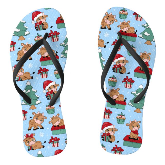 Cute Cows Christmas Holidays Farm Modern Pattern Thongs (Footbed)