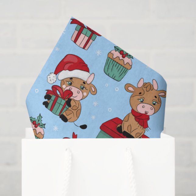 Cute Cows Christmas Holidays Winter Modern Pattern Tissue Paper (Gift Bag)