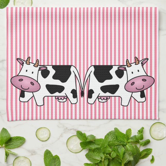 Cute Cows on Pink Stripes Tea Towel (Folded)