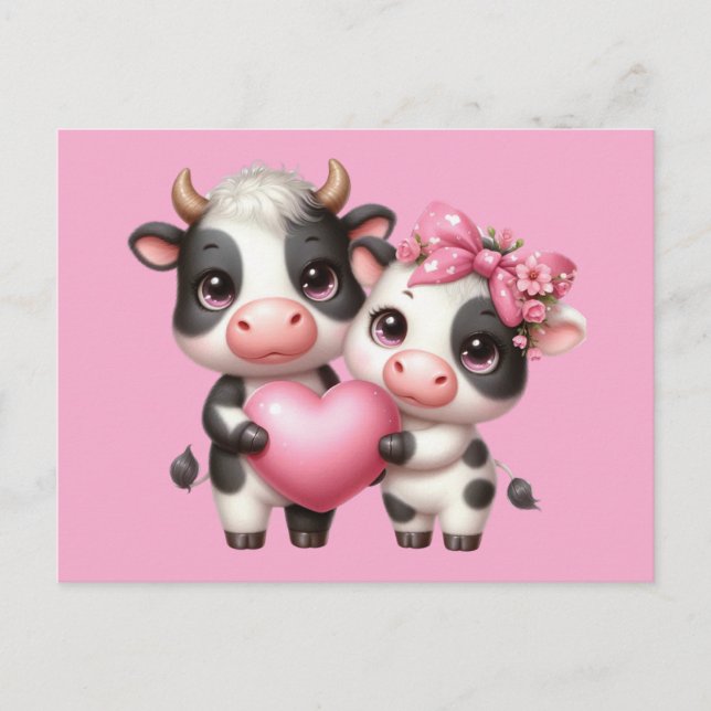 Cute Cows Pink Heart Postcard (Front)