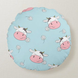 Cute cows seamless pattern. Vintage childish backg Round Cushion