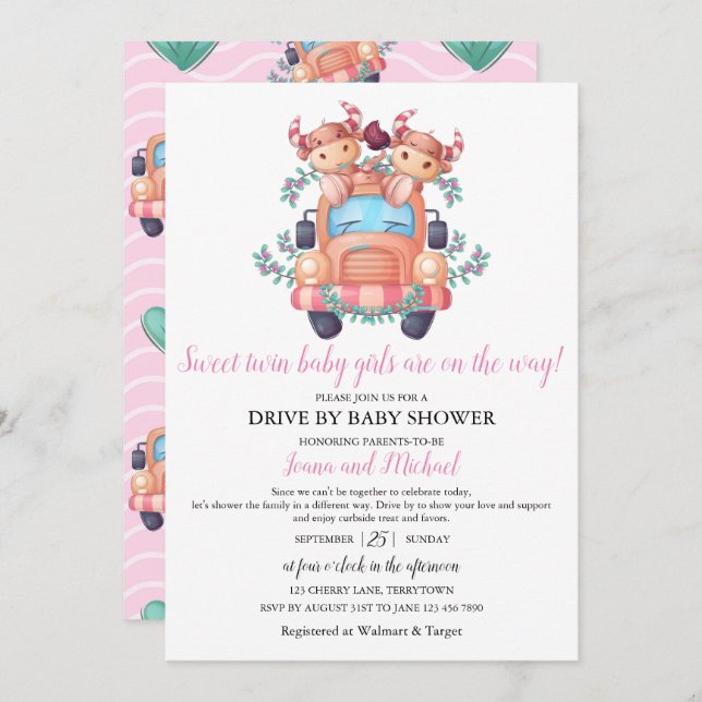 Cute Cows Twin Girls Baby Shower Drive Through  Invitation (Front/Back)