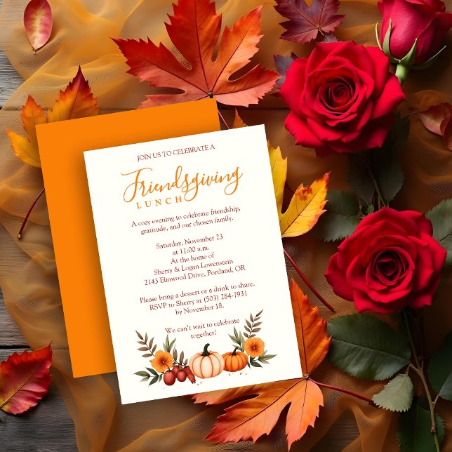 Cute Cozy Autumn Friendsgiving Pumpkins Invitation (Cute Cozy Autumn Friendsgiving Thanksgiving Pumpkins Invitation Lunch Party Cards with Back Orange. )