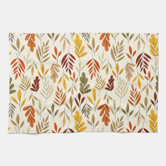 Cute Cozy Fall Leaves Pattern Tea Towel (Horizontal)