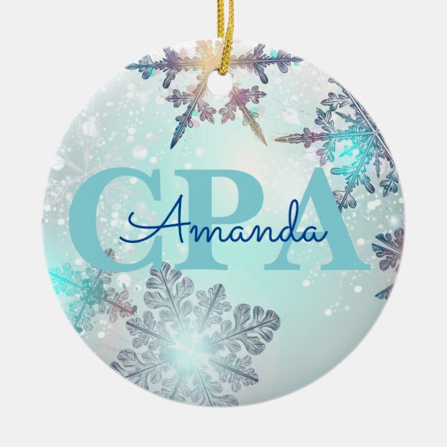 Cute CPA Ice Blue Snowflake Personalised Name  Ceramic Ornament (Front)