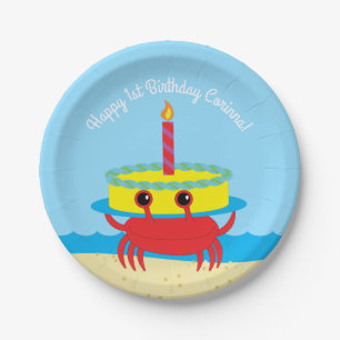Cute Crab Beach 1st Birthday Party Paper Plate
