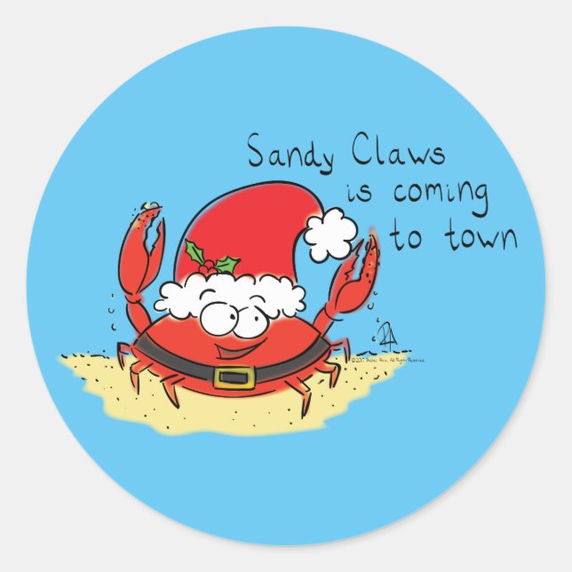 Cute Crab Christmas Funny Holiday Santa Cartoon Classic Round Sticker (Front)