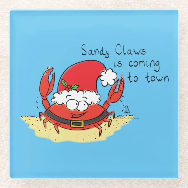 Cute Crab Christmas Funny Holiday Santa Cartoon Glass Coaster (Front)