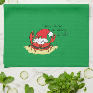 Cute Crab Christmas Funny Holiday Santa Cartoon Tea Towel