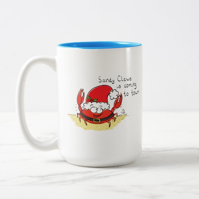 Cute Crab Christmas Funny Holiday Santa Cartoon Two-Tone Coffee Mug (Left)