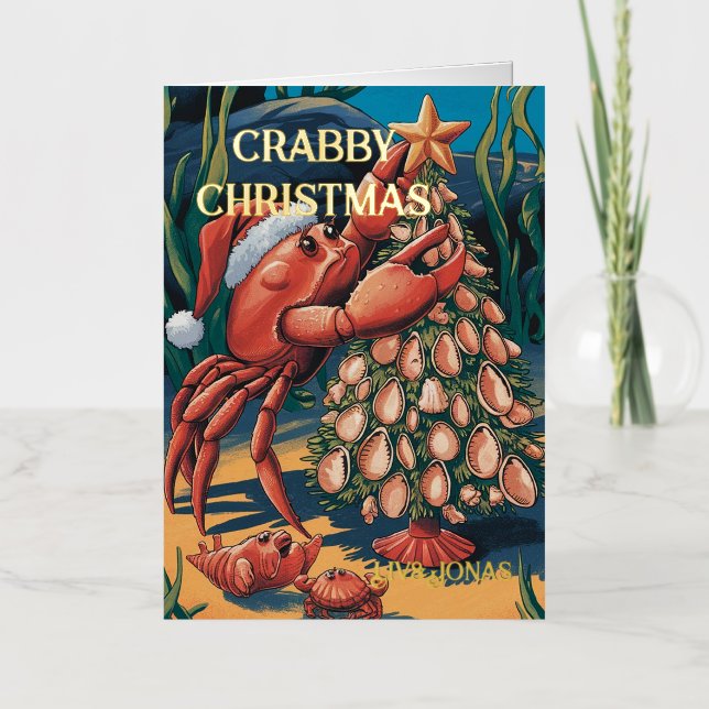 Cute Crab Christmas Name  Foil Greeting Card (Front)