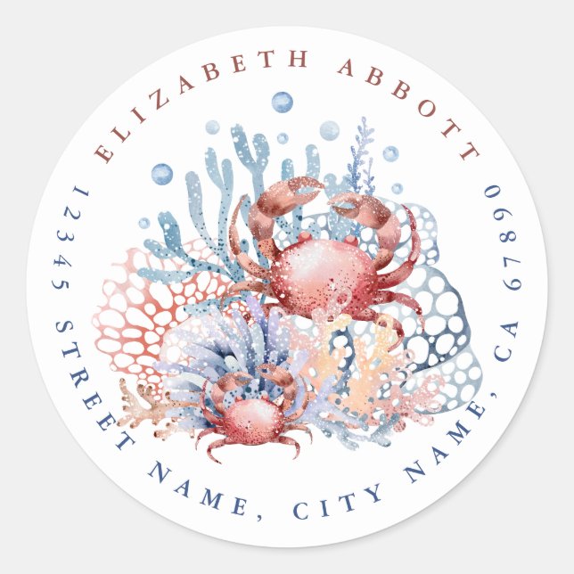 Cute Crab Round Address Stickers (Front)