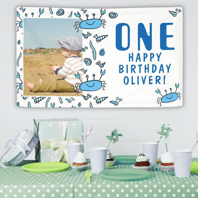 Cute Crab Sea Animals Shell Boy Photo 1st Birthday Banner (Creator Uploaded)