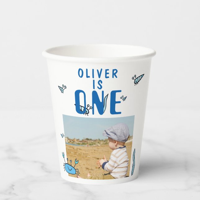 Cute Crab Sea Animals Shell Boy Photo 1st Birthday Paper Cups (Front)