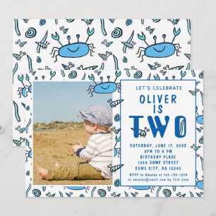 Cute Crab Sea Animals Shell Boy Photo 2nd Birthday Invitation