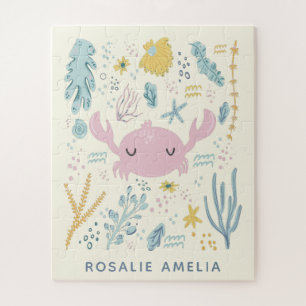 Cute Crab Underwater Shells Pastel Custom Name Jigsaw Puzzle
