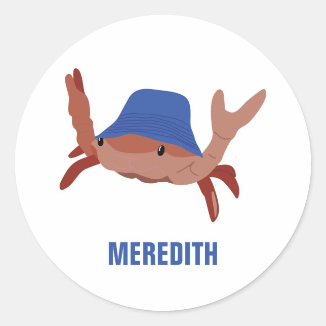 Cute Crab Wearing a Beach Hat Personalised Classic Round Sticker (Front)