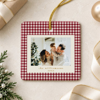 Cute Cranberry Red Gingham Custom Photo Christmas Ceramic Ornament