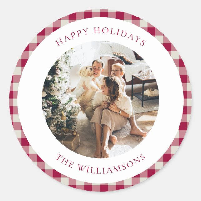 Cute Cranberry Red Plaid Custom Photo Christmas Classic Round Sticker (Front)