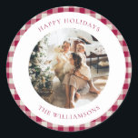 Cute Cranberry Red Plaid Custom Photo Christmas Classic Round Sticker<br><div class="desc">Cute Cranberry Red Gingham Plaid Custom Photo Christmas Holiday Classic Round Sticker</div>