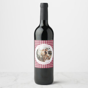 Cute Cranberry Red Plaid Custom Photo Christmas Wine Label