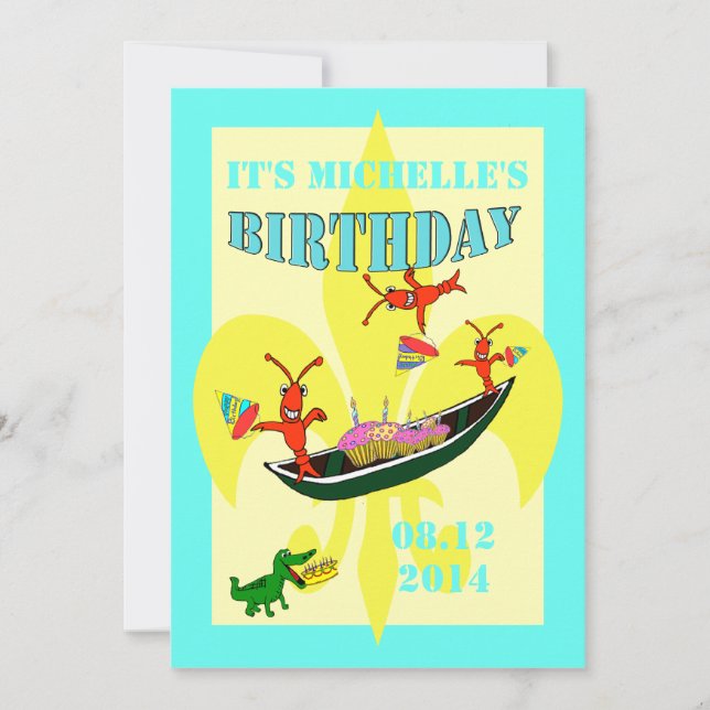 Cute Crawfish Alligator Pirogue Birthday Invitation (Front)