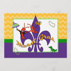 Cute Crawfish Fleur de Lis Mardi Gras Invitation