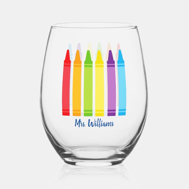 Cute Crayon Elementary School Teacher Personalised Stemless Wine Glass (Front)