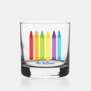 Cute Crayon Elementary School Teacher Personalised Whiskey Glass